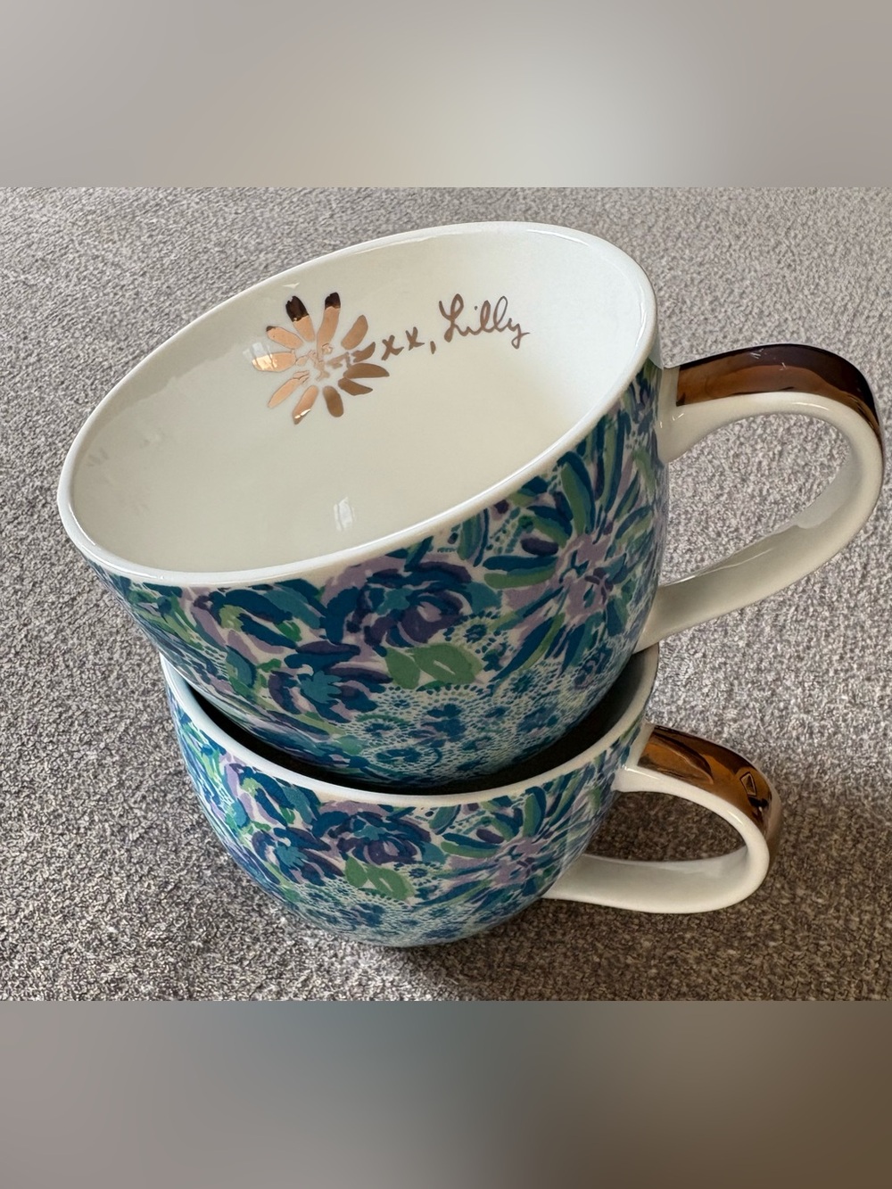 Lilly Pulitzer Blue Floral Ceramic Tea Coffee Mugs Set of 2